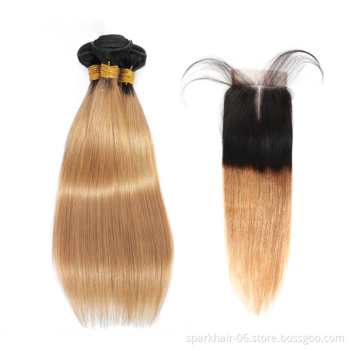 SPARK 10A Ombre Human Hair Bundles 1b/27 Brazilian Honey Blonde Straight Hair Extension Weave 34 36 38 40 Inch Cheap Hair Vendor